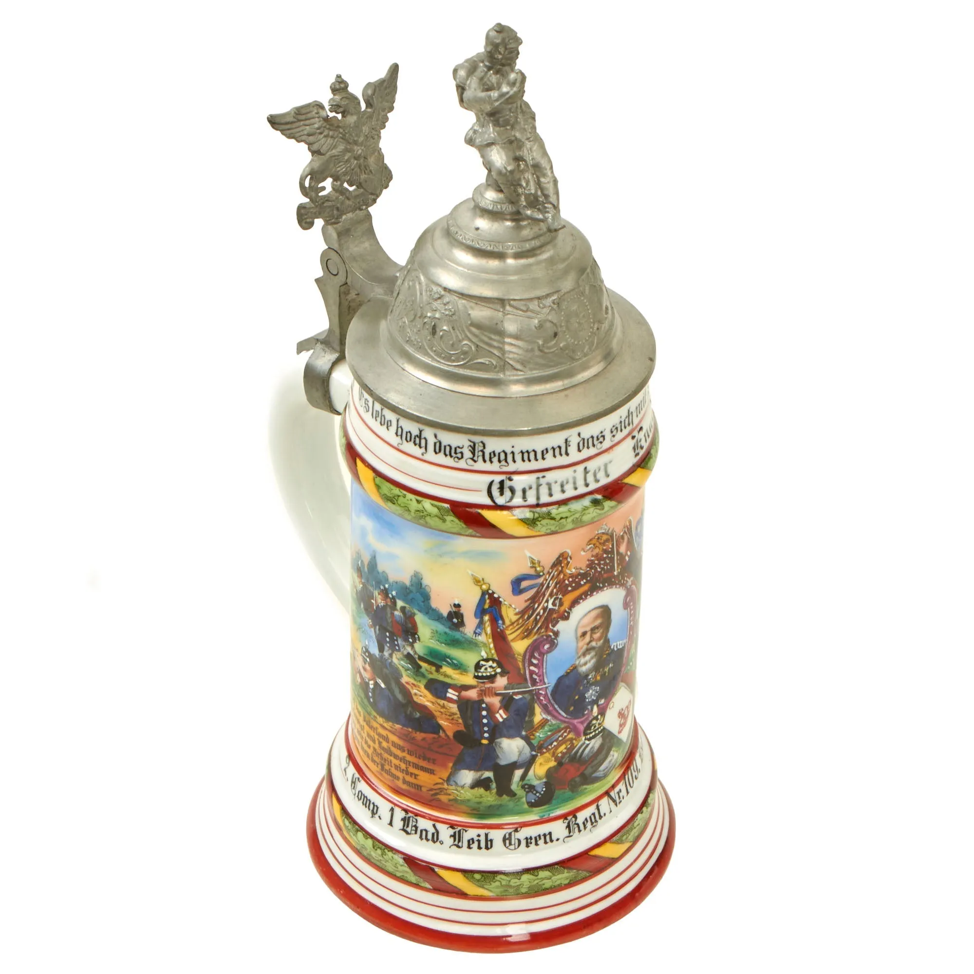 Original Imperial German Pre-WWI Royal Baden 1st Life Guard Grenadier Regiment 109 Beer Stein with Hinged Lid - Dated 1904-1906