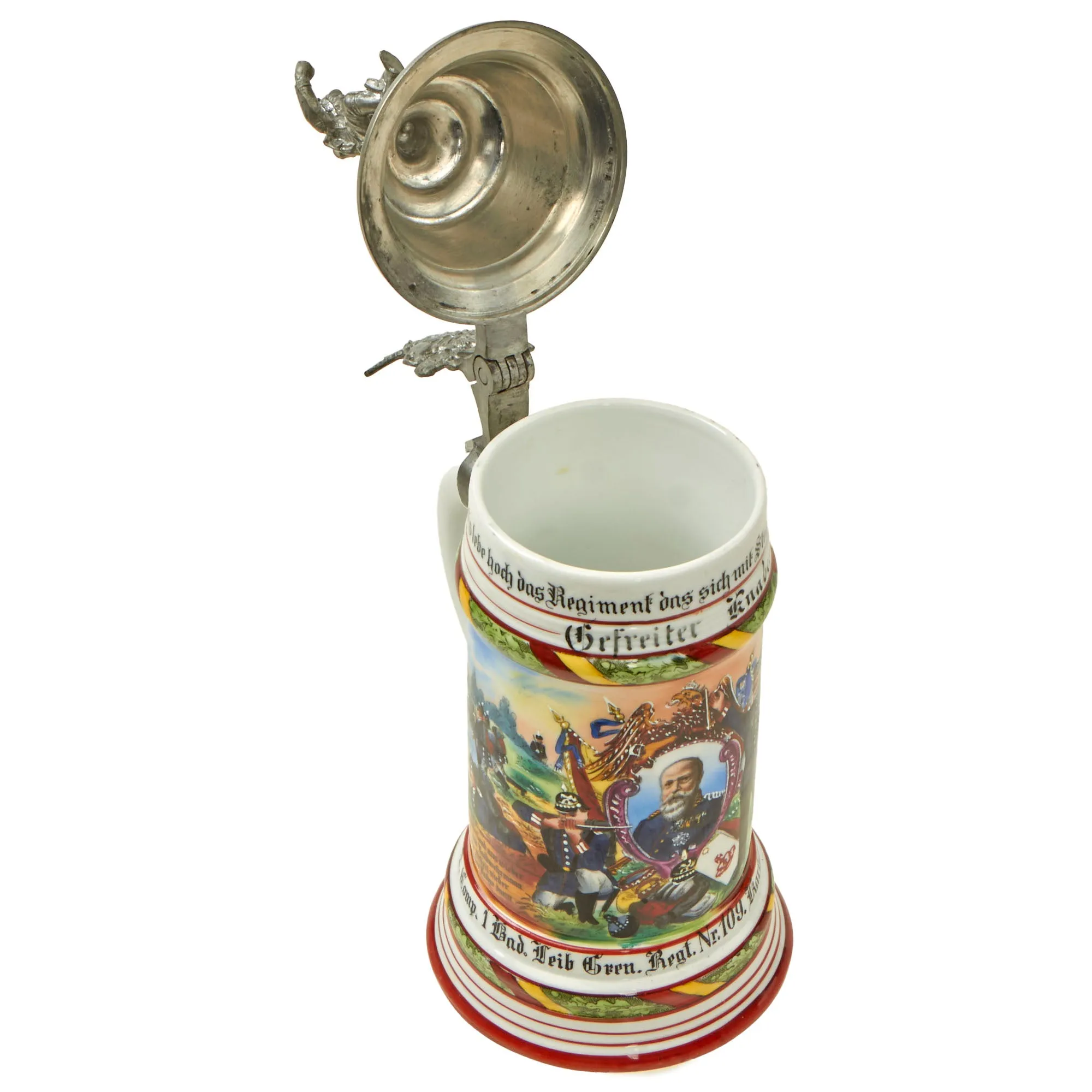 Original Imperial German Pre-WWI Royal Baden 1st Life Guard Grenadier Regiment 109 Beer Stein with Hinged Lid - Dated 1904-1906
