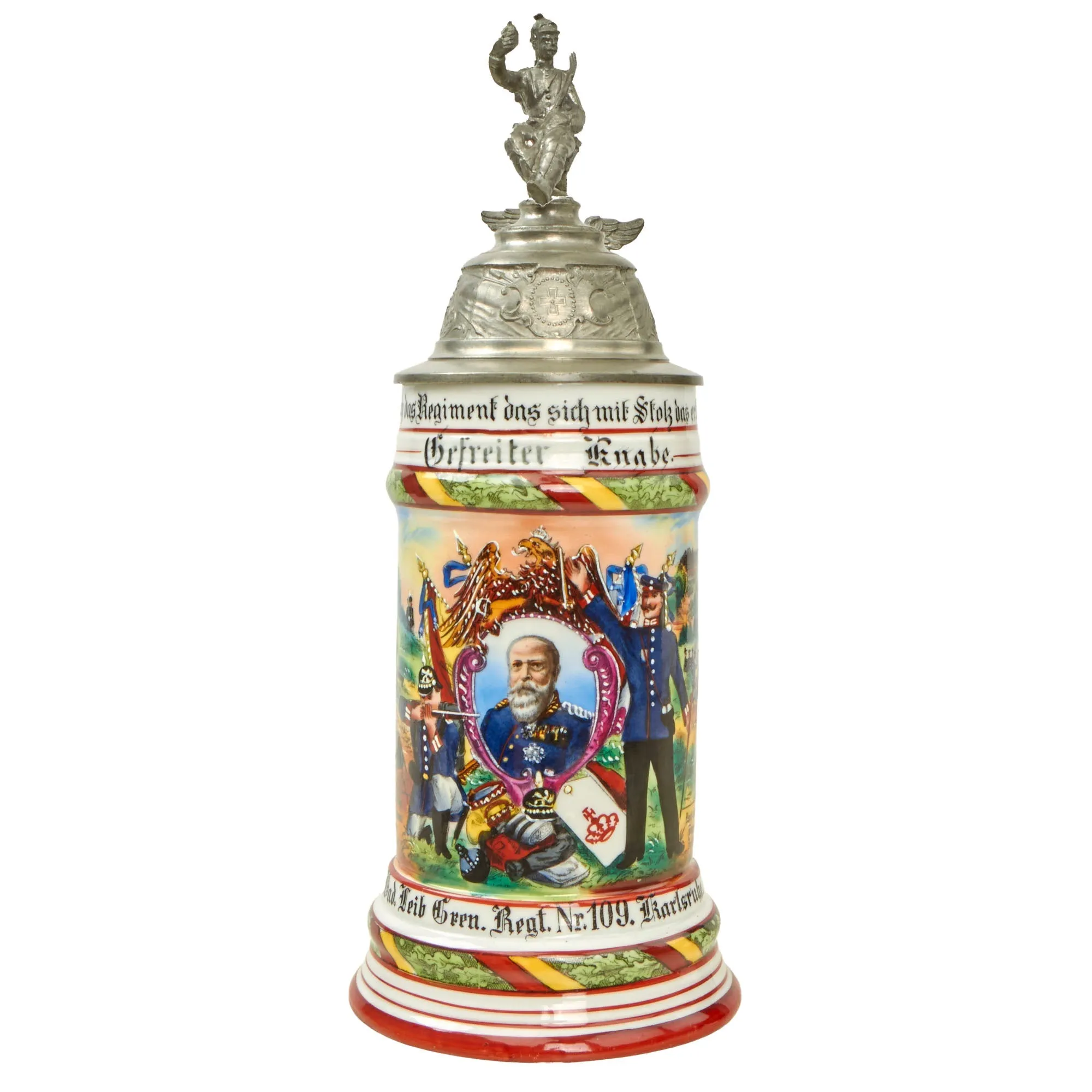 Original Imperial German Pre-WWI Royal Baden 1st Life Guard Grenadier Regiment 109 Beer Stein with Hinged Lid - Dated 1904-1906