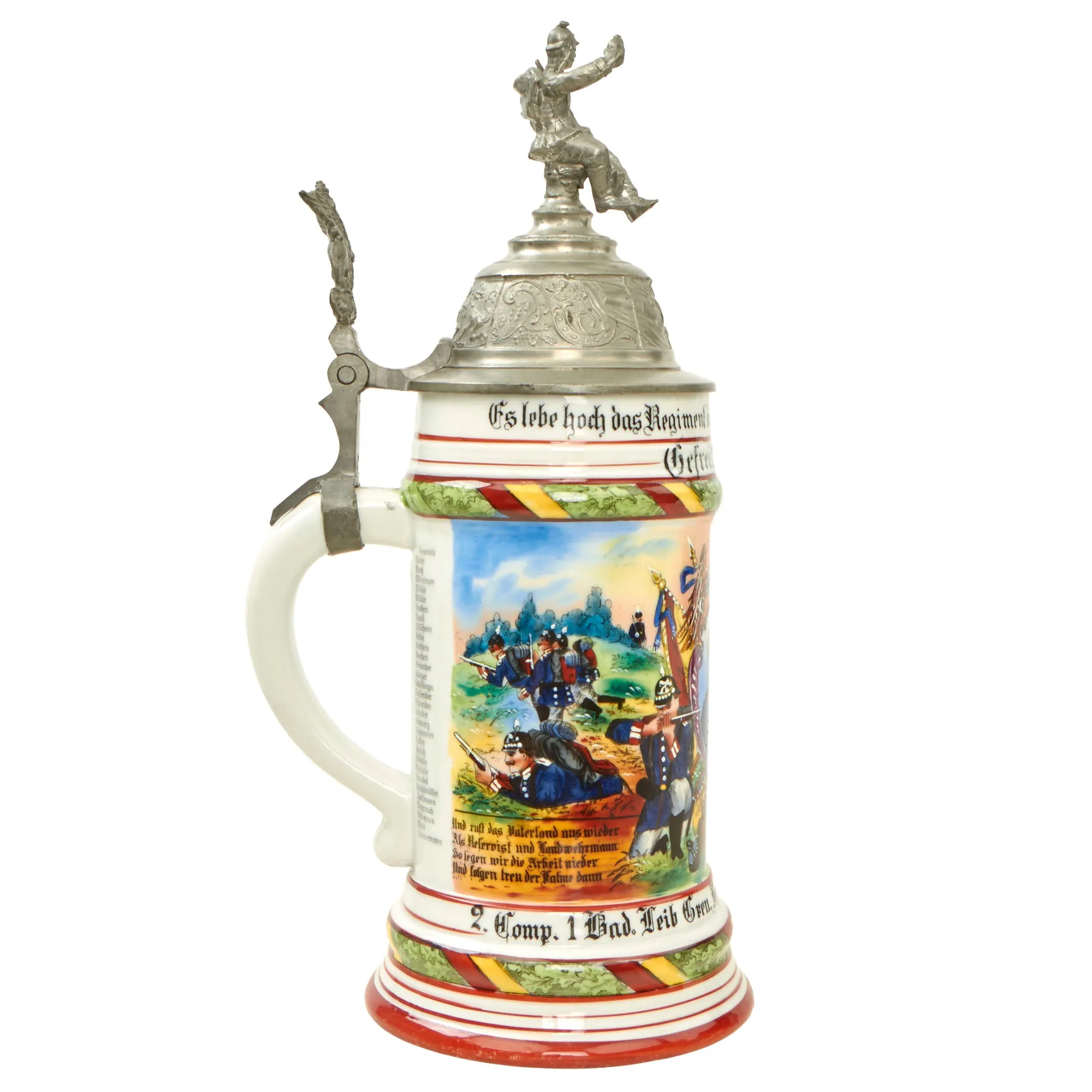 Original Imperial German Pre-WWI Royal Baden 1st Life Guard Grenadier Regiment 109 Beer Stein with Hinged Lid - Dated 1904-1906