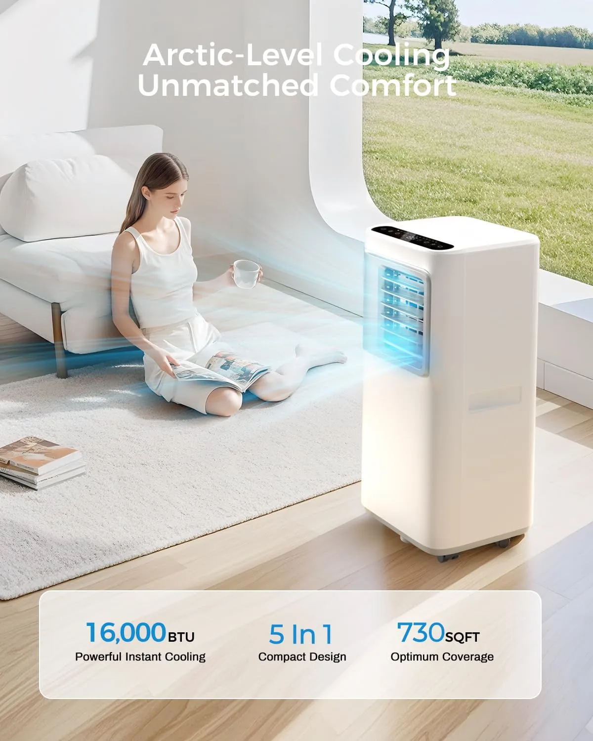 Portable-Air-Conditioners-16,000-Btu - AC Unit 5 in 1 Wifi Smart Air Conditioner with APP, Fan & Dehumidifier, Remote, 24H, Window Kits Included Drainage-free Cooling for Large Room Indoor