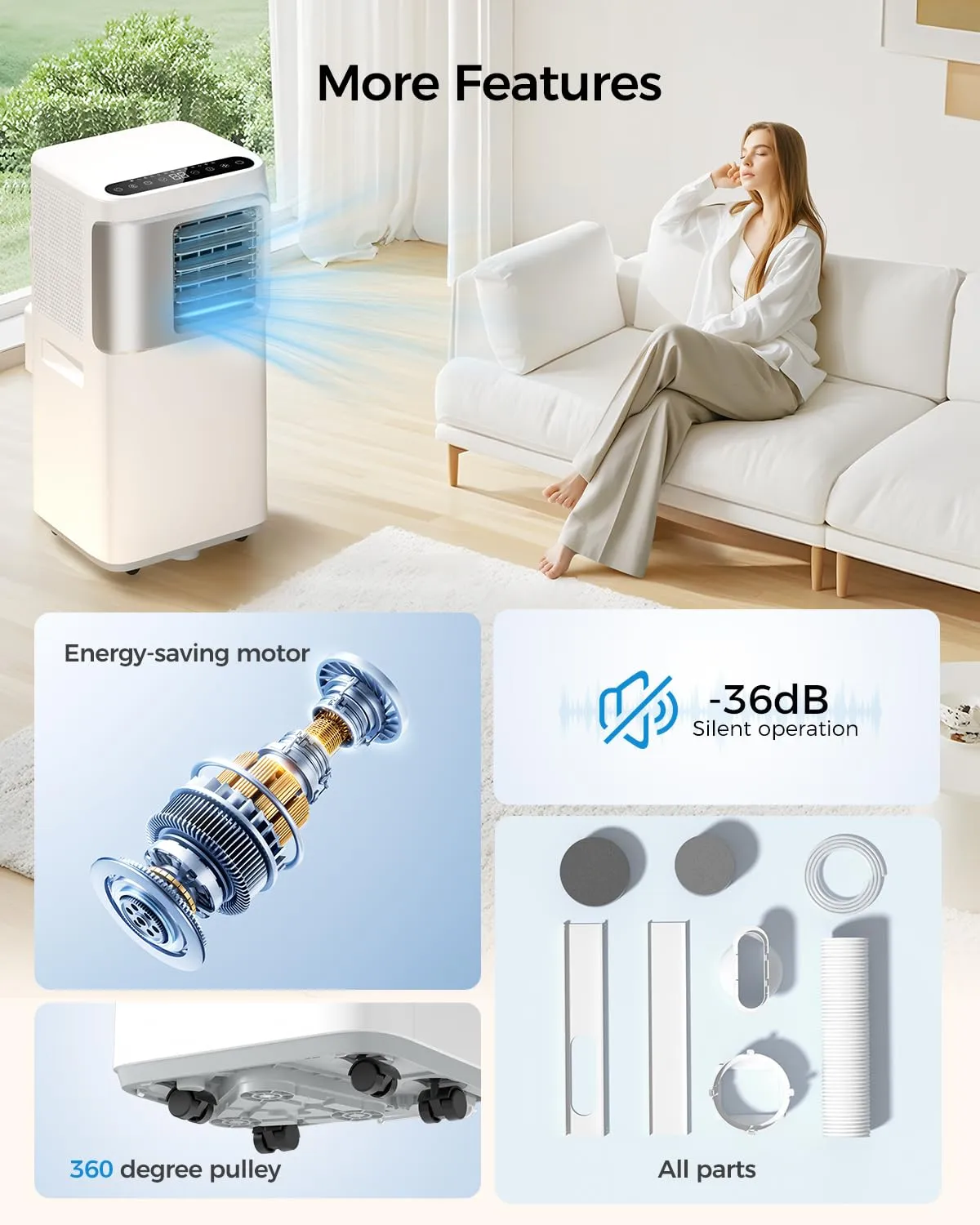Portable-Air-Conditioners-16,000-Btu - AC Unit 5 in 1 Wifi Smart Air Conditioner with APP, Fan & Dehumidifier, Remote, 24H, Window Kits Included Drainage-free Cooling for Large Room Indoor
