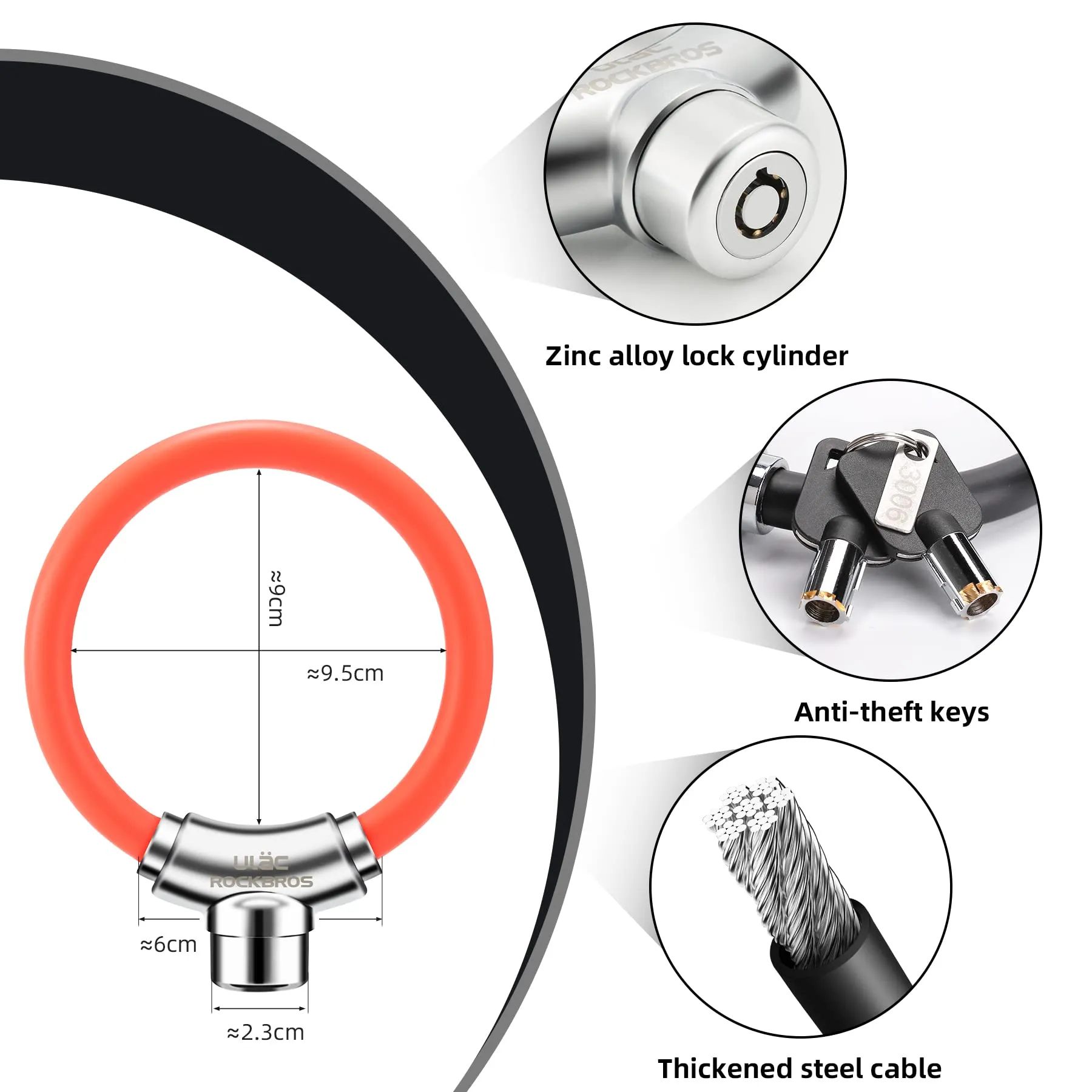ROCKBROS Anti-Theft Bike Cable Lock, Portable, Key Lock, Rustproof