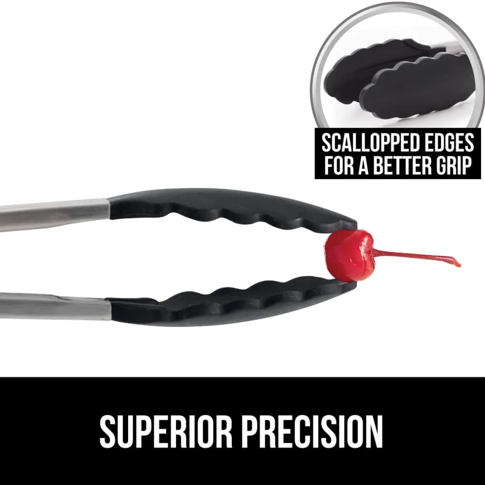 Stainless Steel Silicone Tongs for Cooking, Set of 2, Includes 9 and 12 Inch Locking Kitchen Tong, Heat Resistant Tip, Strong Grip for Meat, Perfect for Nonstick Pans, BBQ, Black