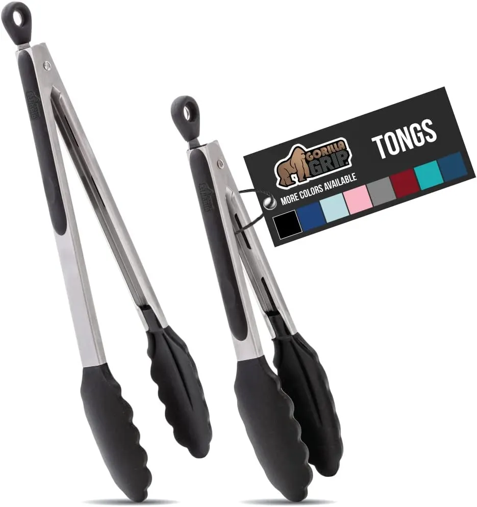 Stainless Steel Silicone Tongs for Cooking, Set of 2, Includes 9 and 12 Inch Locking Kitchen Tong, Heat Resistant Tip, Strong Grip for Meat, Perfect for Nonstick Pans, BBQ, Black