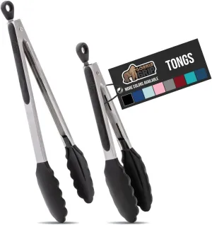 Stainless Steel Silicone Tongs for Cooking, Set of 2, Includes 9 and 12 Inch Locking Kitchen Tong, Heat Resistant Tip, Strong Grip for Meat, Perfect for Nonstick Pans, BBQ, Black