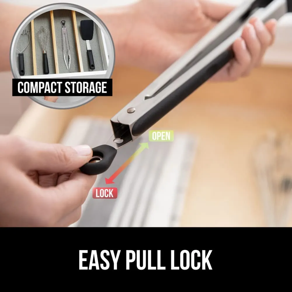 Stainless Steel Silicone Tongs for Cooking, Set of 2, Includes 9 and 12 Inch Locking Kitchen Tong, Heat Resistant Tip, Strong Grip for Meat, Perfect for Nonstick Pans, BBQ, Black