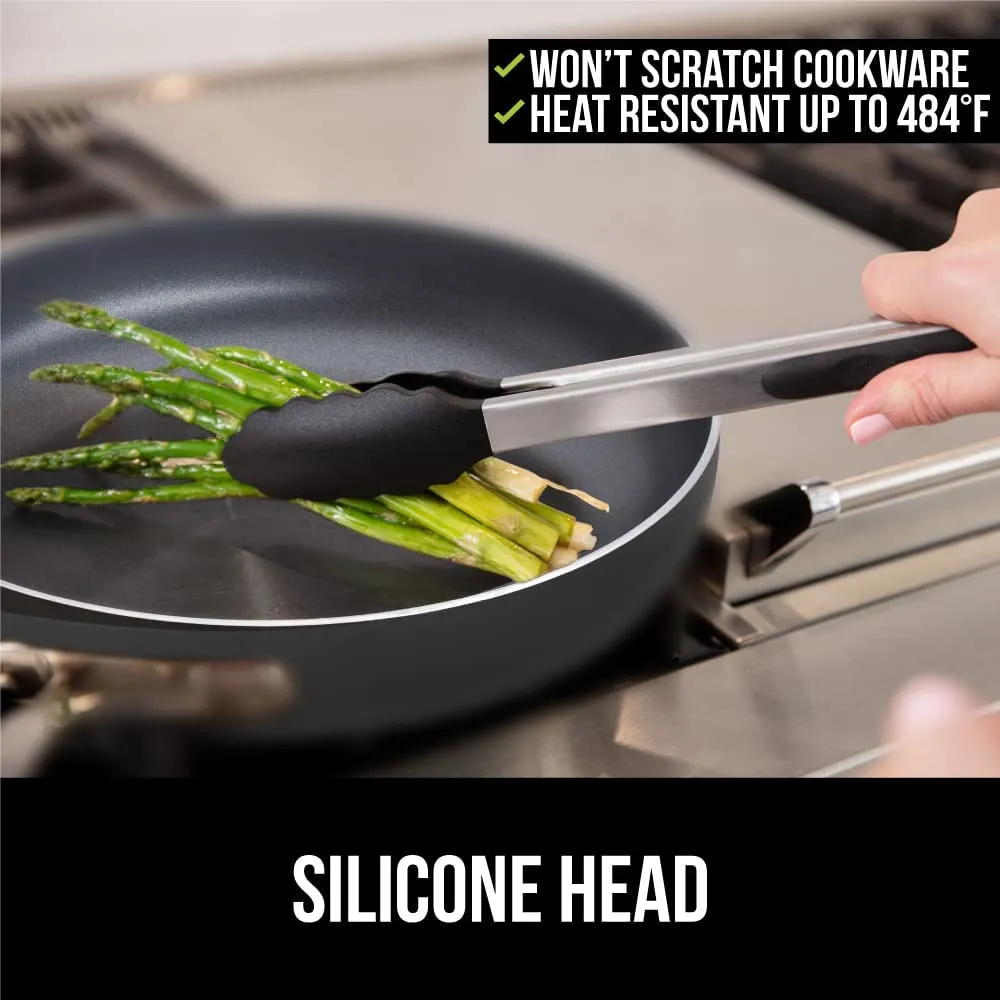 Stainless Steel Silicone Tongs for Cooking, Set of 2, Includes 9 and 12 Inch Locking Kitchen Tong, Heat Resistant Tip, Strong Grip for Meat, Perfect for Nonstick Pans, BBQ, Black
