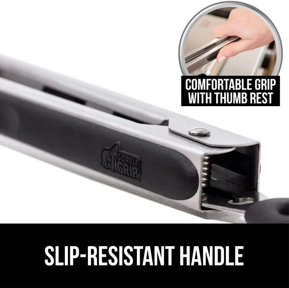 Stainless Steel Silicone Tongs for Cooking, Set of 2, Includes 9 and 12 Inch Locking Kitchen Tong, Heat Resistant Tip, Strong Grip for Meat, Perfect for Nonstick Pans, BBQ, Black