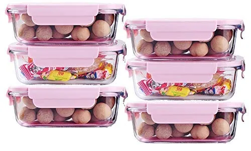 VIKIJO Glass Lunch Box Food Storage Containers with Lids, Glass Meal Prep Containers, Airtight Glass Lunch,BPA Free Pink (Pack of 3)