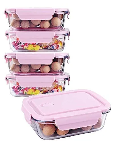 VIKIJO Glass Lunch Box Food Storage Containers with Lids, Glass Meal Prep Containers, Airtight Glass Lunch,BPA Free Pink (Pack of 3)