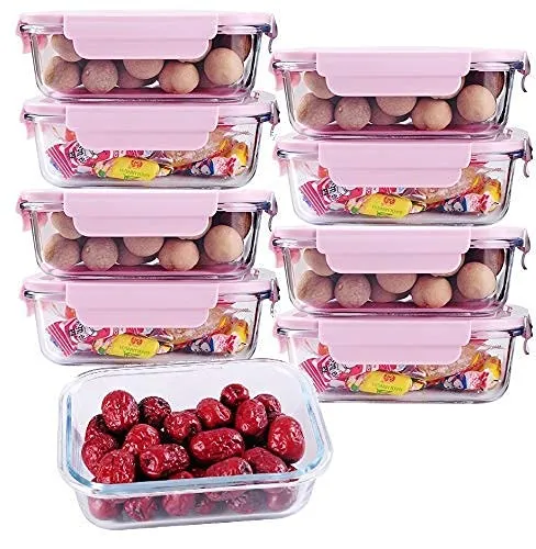 VIKIJO Glass Lunch Box Food Storage Containers with Lids, Glass Meal Prep Containers, Airtight Glass Lunch,BPA Free Pink (Pack of 3)