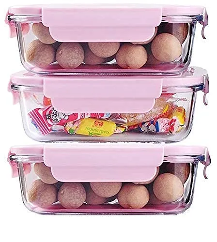VIKIJO Glass Lunch Box Food Storage Containers with Lids, Glass Meal Prep Containers, Airtight Glass Lunch,BPA Free Pink (Pack of 3)