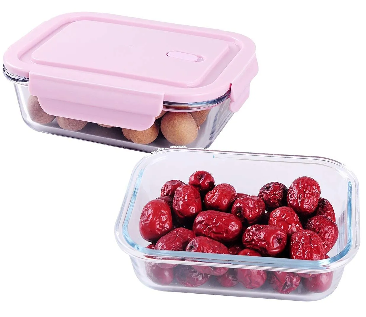 VIKIJO Glass Lunch Box Food Storage Containers with Lids, Glass Meal Prep Containers, Airtight Glass Lunch,BPA Free Pink (Pack of 3)