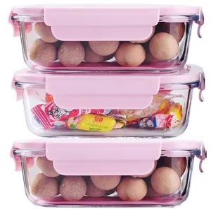VIKIJO Glass Lunch Box Food Storage Containers with Lids, Glass Meal Prep Containers, Airtight Glass Lunch,BPA Free Pink (Pack of 3)