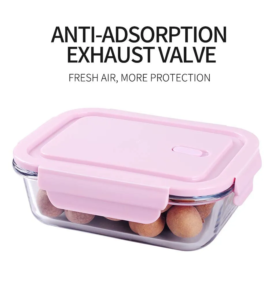 VIKIJO Glass Lunch Box Food Storage Containers with Lids, Glass Meal Prep Containers, Airtight Glass Lunch,BPA Free Pink (Pack of 3)