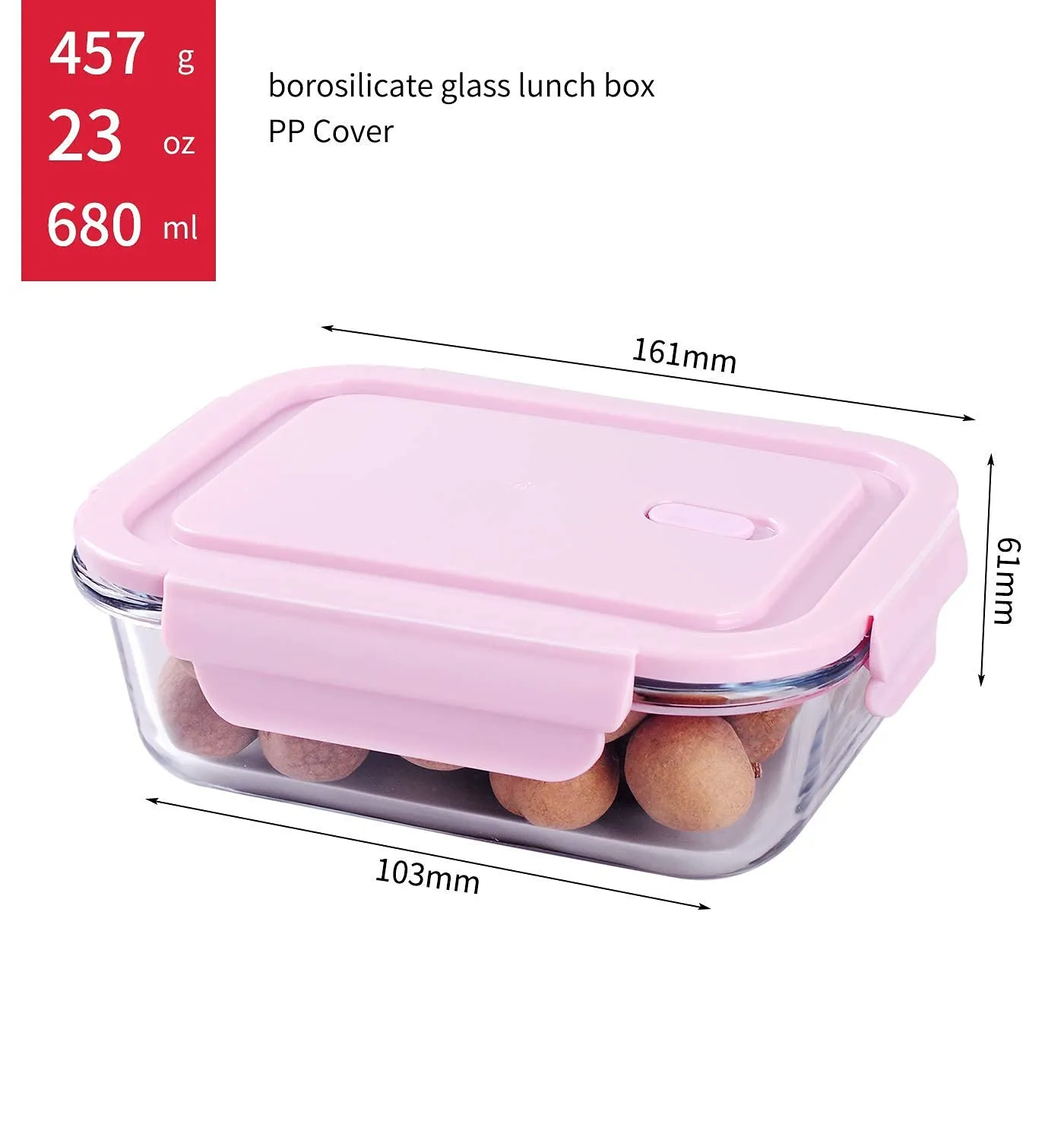 VIKIJO Glass Lunch Box Food Storage Containers with Lids, Glass Meal Prep Containers, Airtight Glass Lunch,BPA Free Pink (Pack of 3)