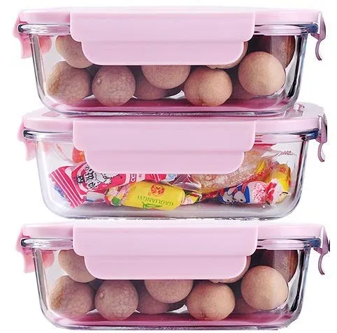 VIKIJO Glass Lunch Box Food Storage Containers with Lids, Glass Meal Prep Containers, Airtight Glass Lunch,BPA Free Pink (Pack of 3)