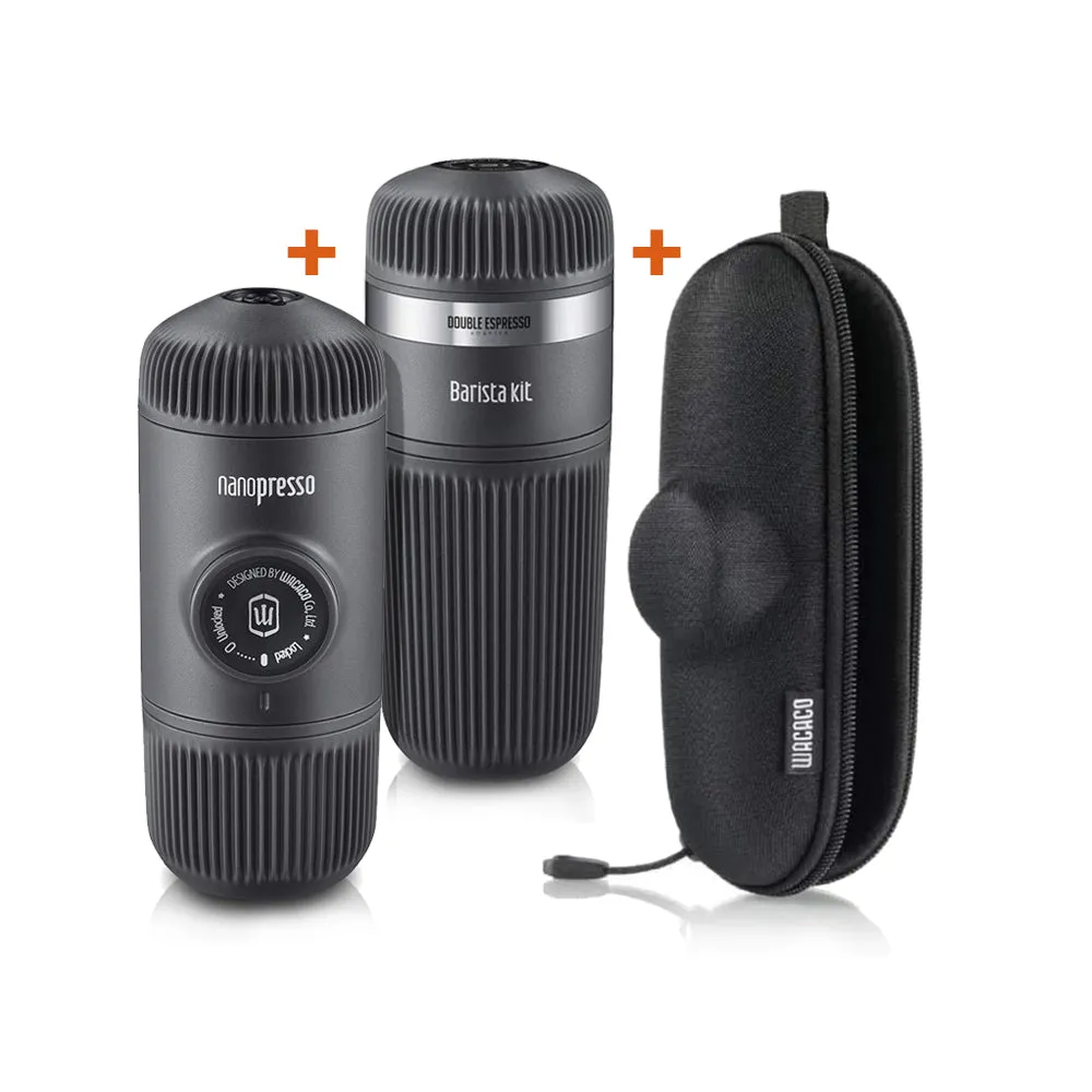 WACACO BUNDLE - Nanopresso - Hand Powered Espresso Machine for Ground Coffee   Barista Kit for Ground Coffee and Nanopresso Case - Large