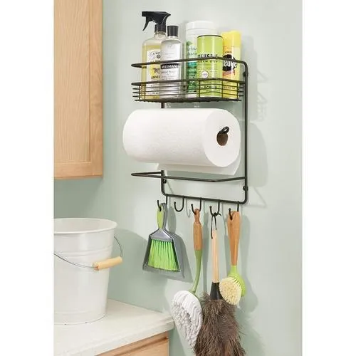 Wall Mount Paper Towel Holder with Storage Shelf and Hooks